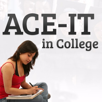 Logo with 'ACE-IT in College' and a woman writing